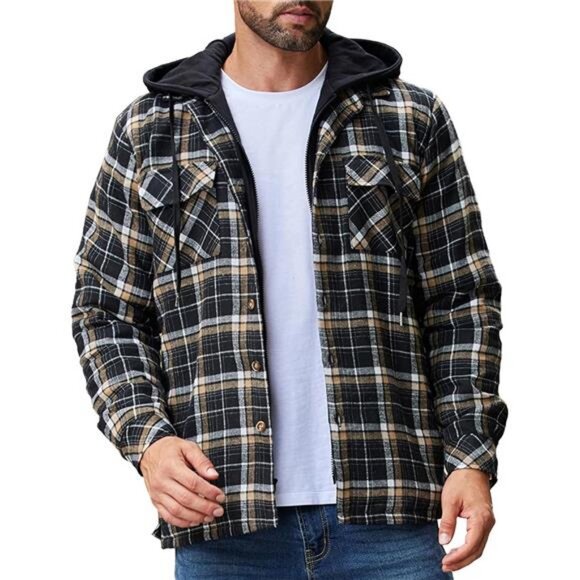 YAGO Men's Quilted Lining Flannel Shirt Jacket – Brown/Grey Plaid, Sizes S To 5XL